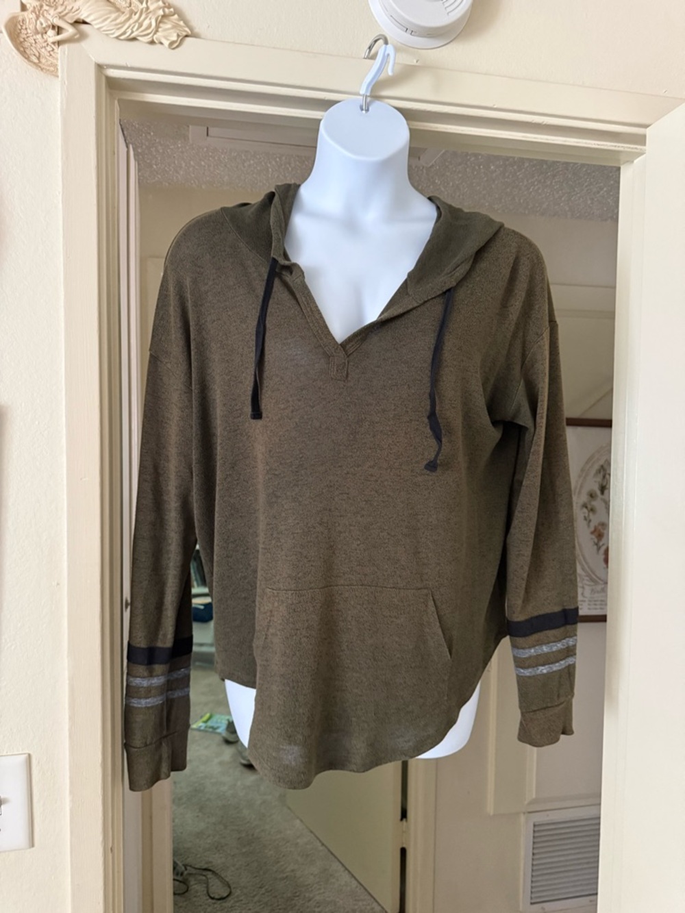 Chantelle Olive Zip-Up Hoodie with Striped Sleeve Accents